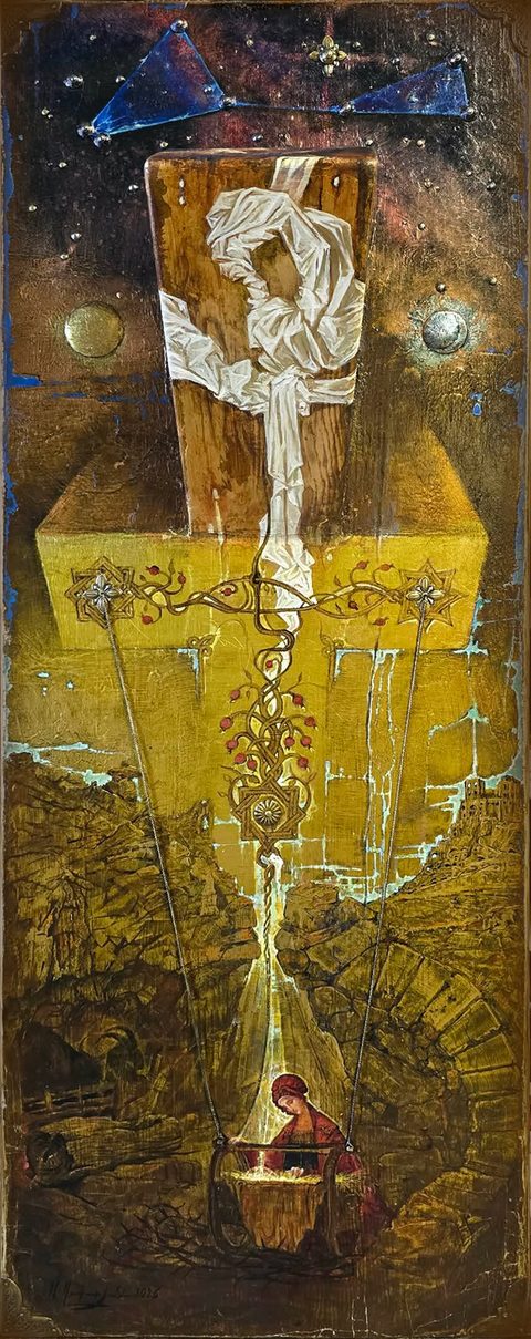One Path: a wooden block wrapped in white cloth stands out from a night sky; below it a gilded cross of branches, and at the bottom a woman in red beside a glowing cradle