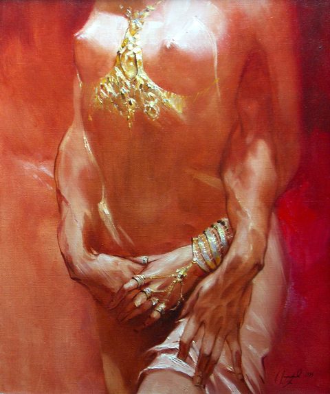 Passion: a torso on a red ground with a gold ornament down the chest, a hand with rings, a gold chain and bangles at the waist