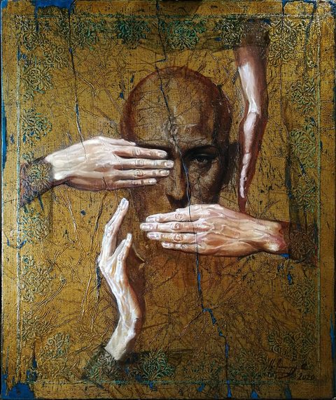 The Prophet: a shaved head on a cracked gold ground with stamped ornament; one hand covers the eyes, one covers the mouth, an arm reaches down to the ear and a fourth hand rises open from below, while one eye looks out between the fingers