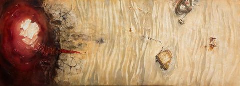 The Road: a long panel of pale rippled sand seen from above, a deep red vortex with crumpled white paper at the left, a red trail across cracked earth, an old book with beads and a broken wooden wheel lying in the sand