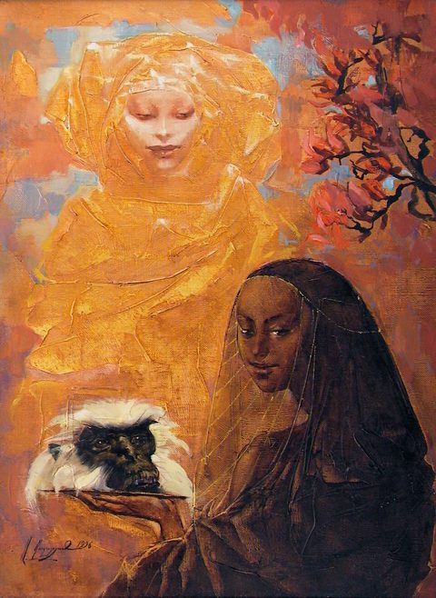Sacrifice, 1996: a dark woman in a net veil holding out on her hand the head of a white-maned monkey; above her a pale woman wrapped in gold dissolving into an orange ground; a branch of red blossom at the upper right