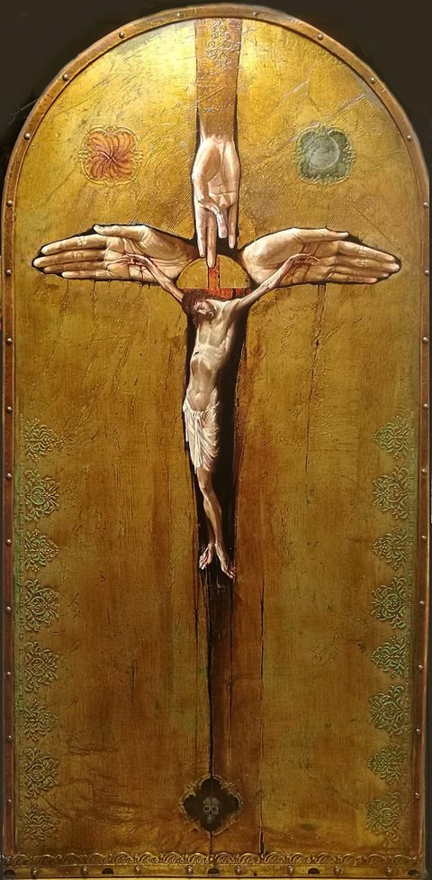 Sacrifice: an arched gold panel with a metal border; the crucified Christ hangs on a cross formed by a hand reaching down from above and two open wounded hands spread to the sides; a red flower and a pale moon in the upper corners; a skull in a quatrefoil at the foot