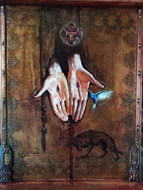 Saint Francis: two wounded hands held open beneath a T-shaped cross, a hummingbird, a knotted rope and a wolf, on an ornamented gold panel
