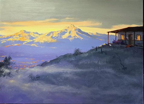 Sunrise I: a lit porch on a hilltop, a figure on the bench, snow peaks glowing gold across the mist