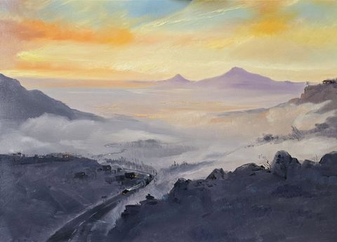 Sunrise III: a winding road through mist past lit houses, Ararat far off under an orange sky