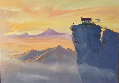 Sunrise IV: a lit house on top of a sheer cliff above the clouds, Ararat in the distance