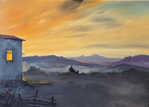 Sunrise VI: a figure sitting outside with a dog facing the valley, a lit window behind, Ararat on the horizon