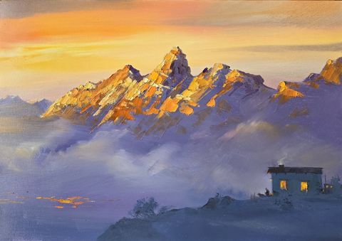 Sunrise VII: jagged orange-lit peaks above clouds, a small house with lit windows and chimney smoke
