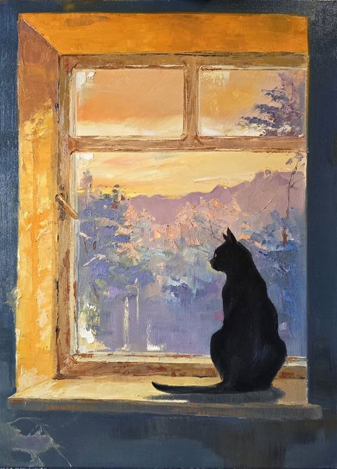 Sunrise VIII: a black cat on a windowsill watching a pink and violet garden at dawn