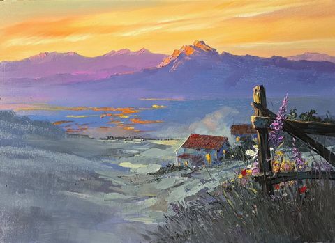 Sunrise IX: a wooden fence with wild flowers, a red-roofed house below, mountains turning pink