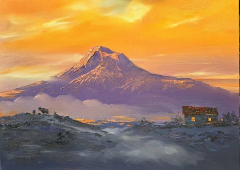 Sunrise X: Ararat glowing violet against an orange sky, a lit house on the right, animals on a hill