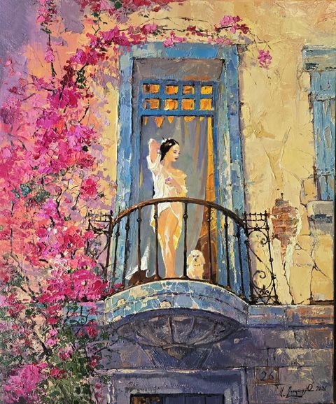 Sunrise XI: a woman on a blue balcony arranging her hair, a small white dog beside her, pink bougainvillea on a yellow wall