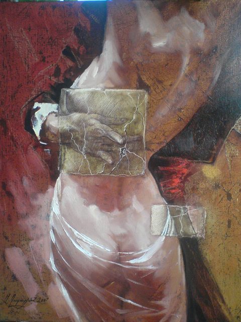 Tango: a woman’s body in white drapery on a red and ochre ground, a cracked square of gilding across her waist with a drawn hand resting on it